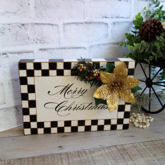 Checked Merry Christmas Sign Checked Ornament Checked Holiday Courtly Decor - Picture 7 of 7
